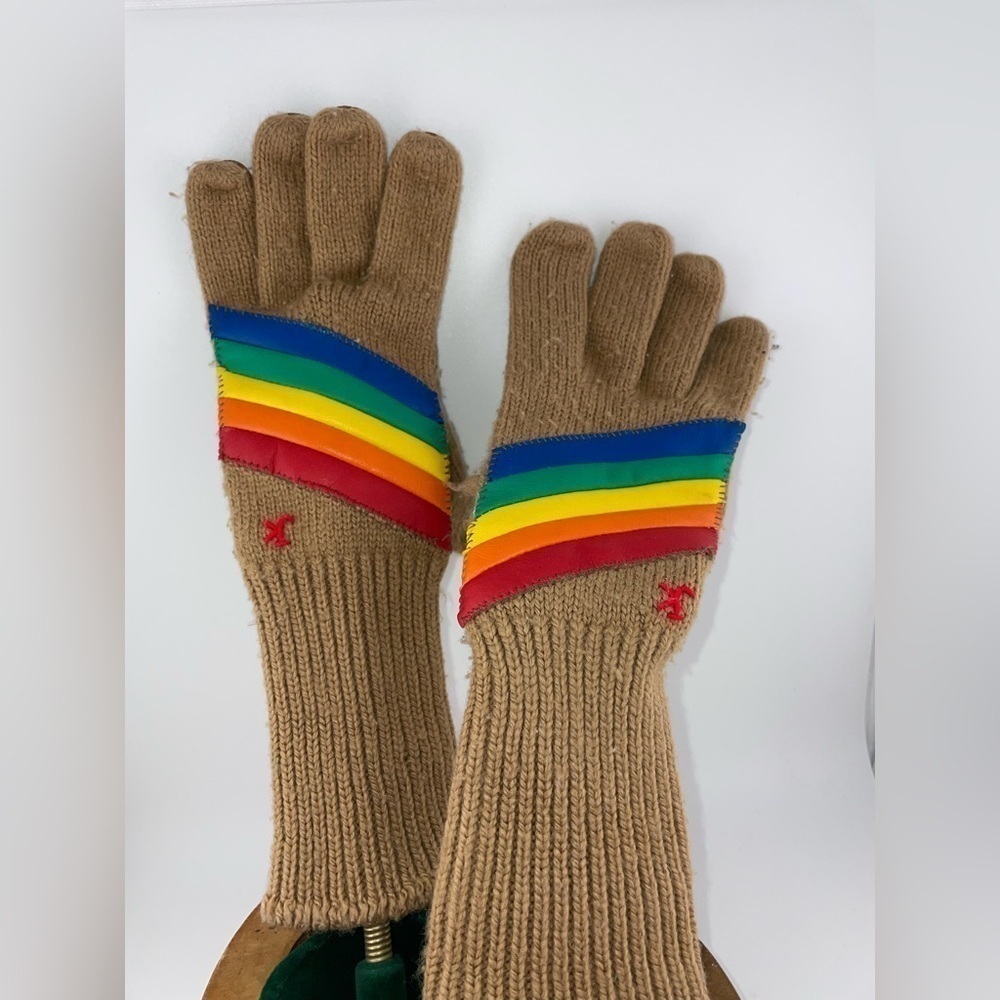 Vintage 1970’s Retro Leather Polyester Women’s Rainbow Gloves small​​​​​​​​​​​​